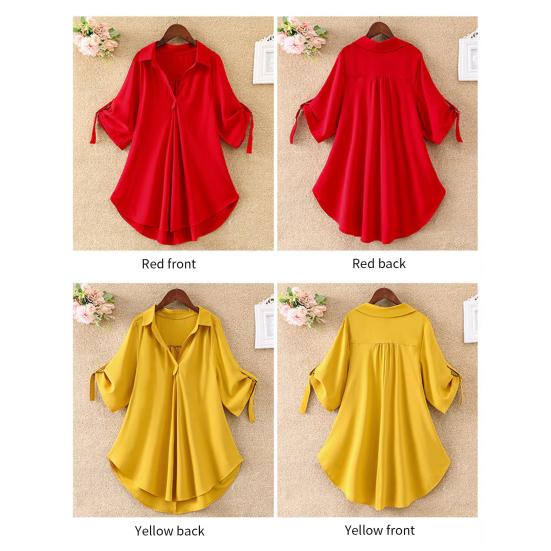 Женская рубашка с лацканами и половиной рукава, повседневные топы средней длины, сплошной цвет с талией, обтягивающая свободная шифоновая блузка, повседневная одежда