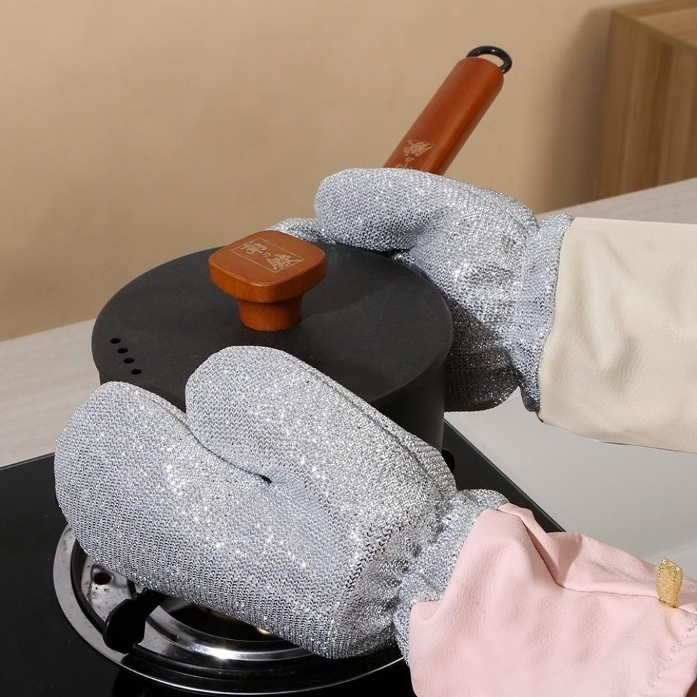 2 Pairs Extended Silver Wire Gloves Thickened Waterproof Cleaning Gloves Wear-resistant Oil Removal Dish Washing Gloves