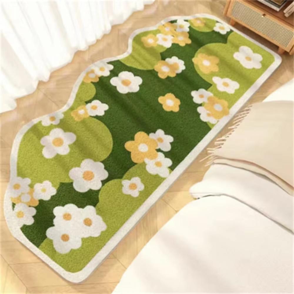 Green Bedroom Rug Fluffy Bedside Carpet Spring Floral and Moss Soft Cute Area Rugs for Bedroom Hallway Home Decoration
