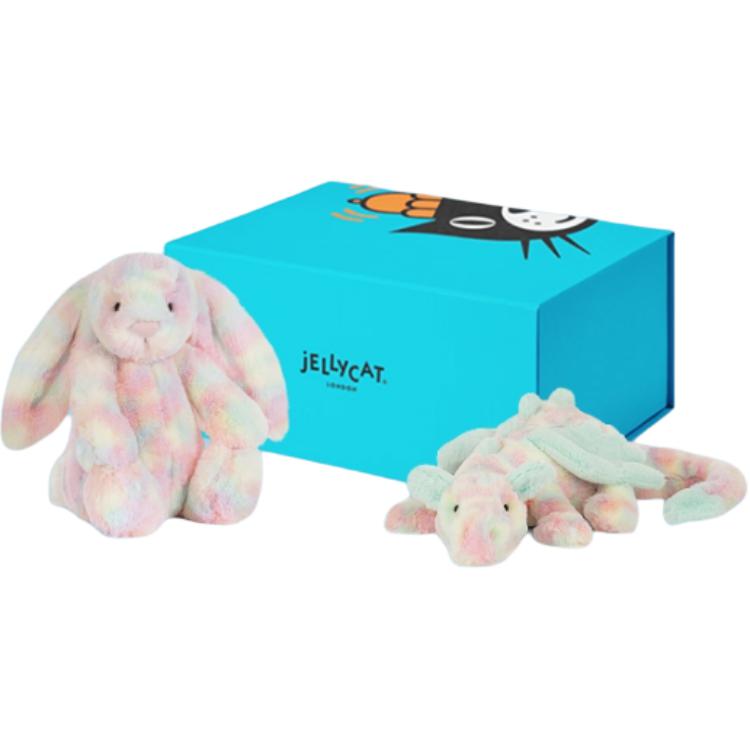 Jellycat Весенняя коробка с разноцветным кроликом, Дракон Лазурит, Набор кроликов Куклы Плюшевая кукла Высота 12 см/23 см В сидячем положении BUN260210