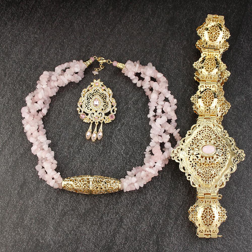 Шикарные ювелирные наборы из розового камня, металлический пояс, колье, ожерелье, брошь, свадебные украшения для невесты