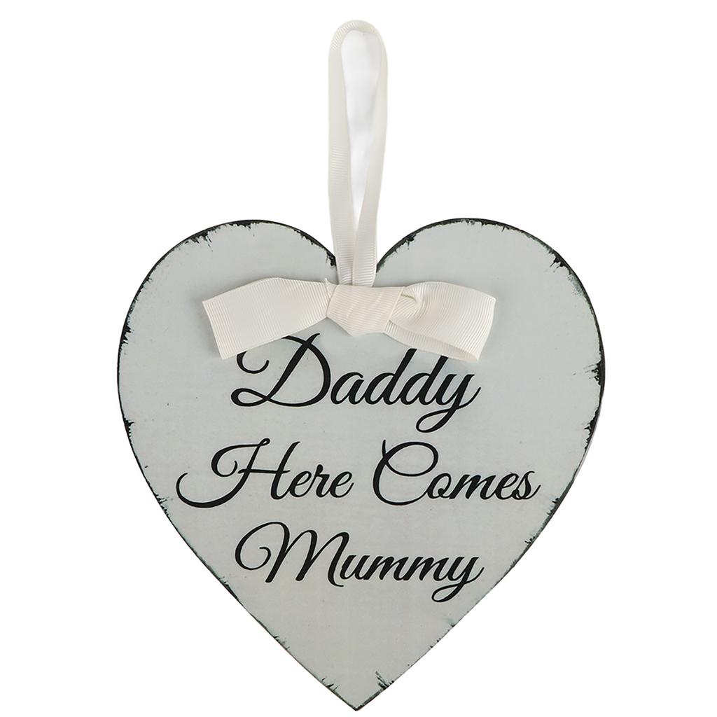 Vintage Love Heart Shape Daddy Here Comes Mummy Wedding Party Wooden Hanging Sign Plaque Gift