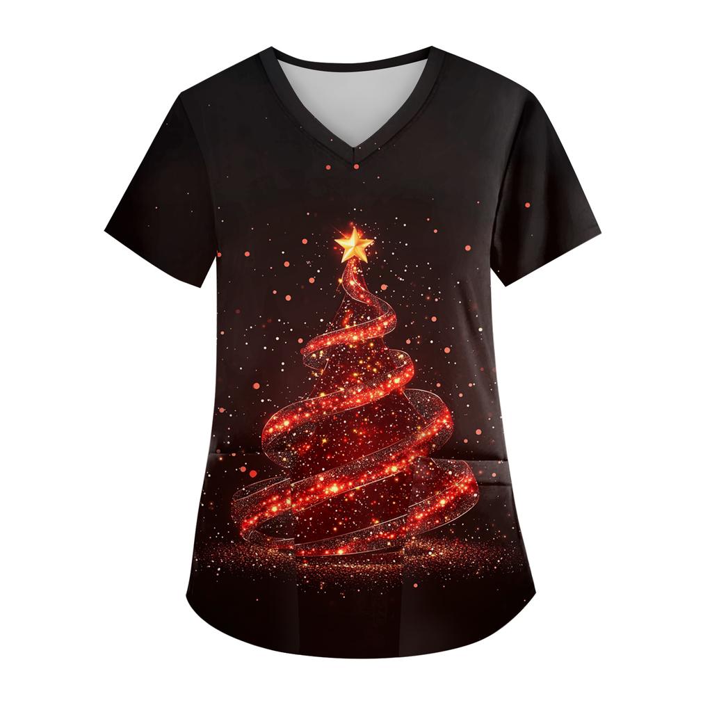 Women's V-neck Christmas Print Short-sleeved Pocket Side Slit Uniform Top