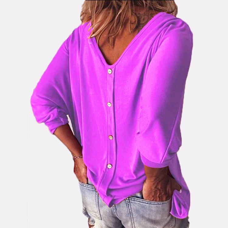 V-Neck Bat Seven-Point Sleeve Back Button T-Shirt Loose Top Women