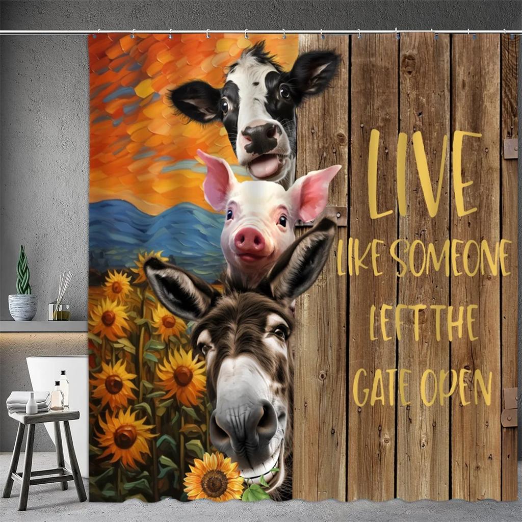 Farm Animal Shower Curtain, Oil Painting Farmhouse Barn Door Donkey Cow Pig Sunflower Spring Bathtub Partition Bathroom Decor