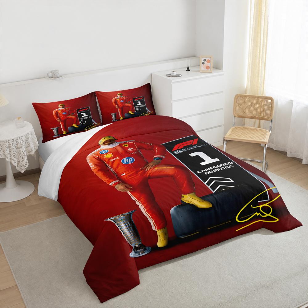 3 Piece Bedding Set Lewis Hamilton Ferrari F1 Red Racing Suit 44 Yellow Cap Boots Trophy Podium Motorsport Poster Print for Men Fan Gift
