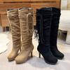 Fashion Brown Vintage Tassel Women's Suede Block Heel Pointed Toe No Knee High Boots