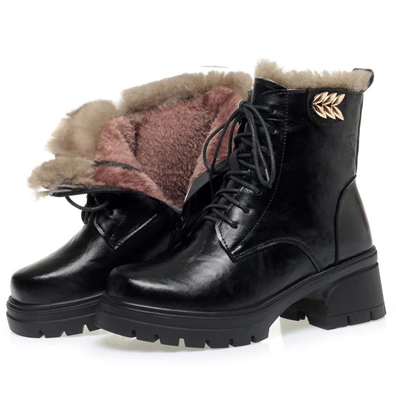 2025 Новые Высококачественные Женские Ботильоны из Натуральной Кожи с Плюшем Зимние Теплые Шерстяные Женские Сапоги на Высоком Каблуке Снежные Сапоги Botas Para Mujer