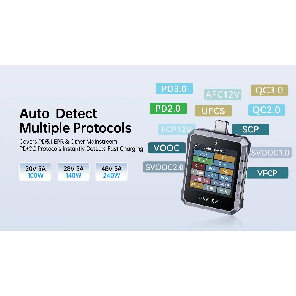 FNIRSI FNB-C2 Digital Voltmeter Ammeter, Type-C Fast Charge Trigger, 240W Max Power Meter, Capacity & Ripple Measurement Tester