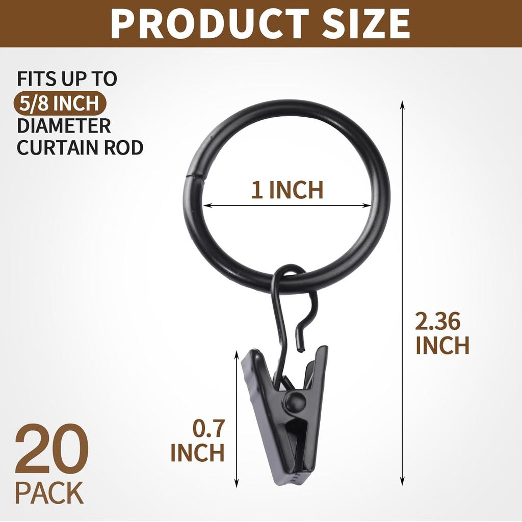 Teenitor 20 Pack Black Curtain Rings with Clips, Curtain Hooks Curtain Clips with Rings, Drapes Rings 1 Inch in Diameter, Fits up to 5/8" Curtain Rod