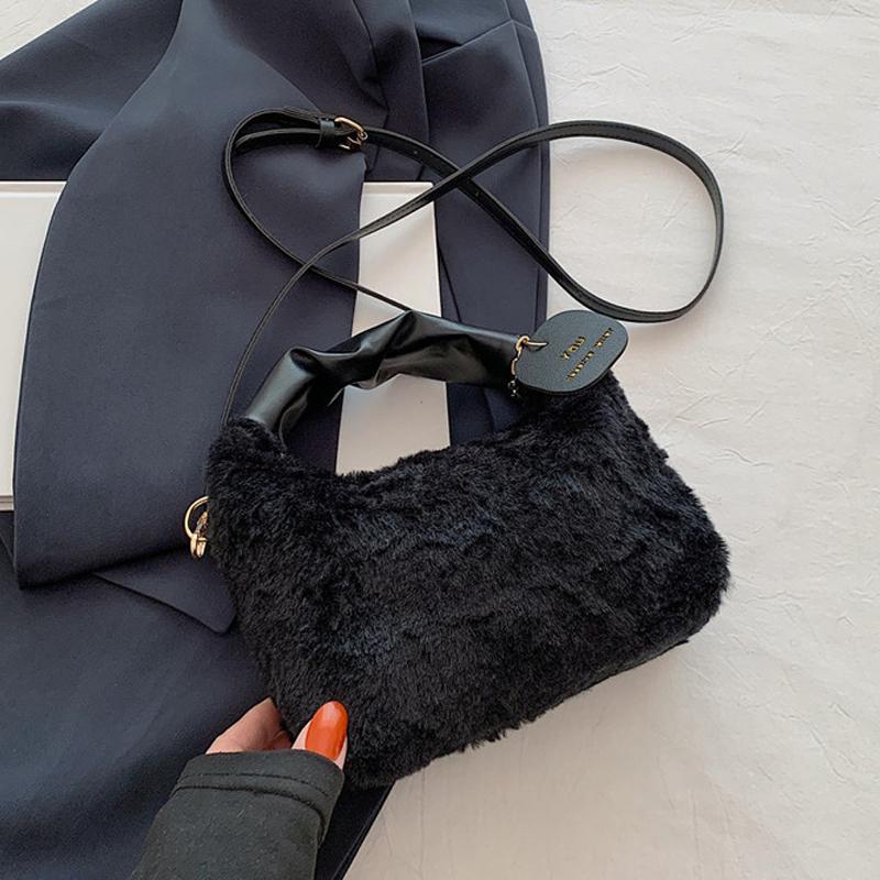 Yogodlns Women Faux Fur Plush Handbags Ruched Handle Small Lady Shoulder Crossbody Bag Casual Half-Moon Hobos Winter Bags for Women