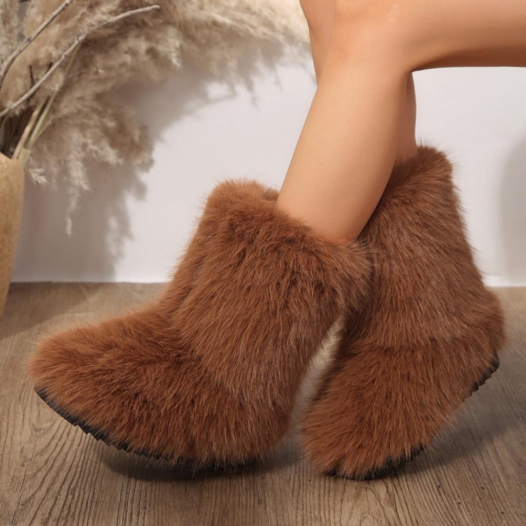 2024 женские зимние сапоги для отдыха на природе из искусственного меха лисы, плюшевые теплые хлопковые туфли на плоской подошве, модные теплые сапоги для девочек большого размера с мехом
