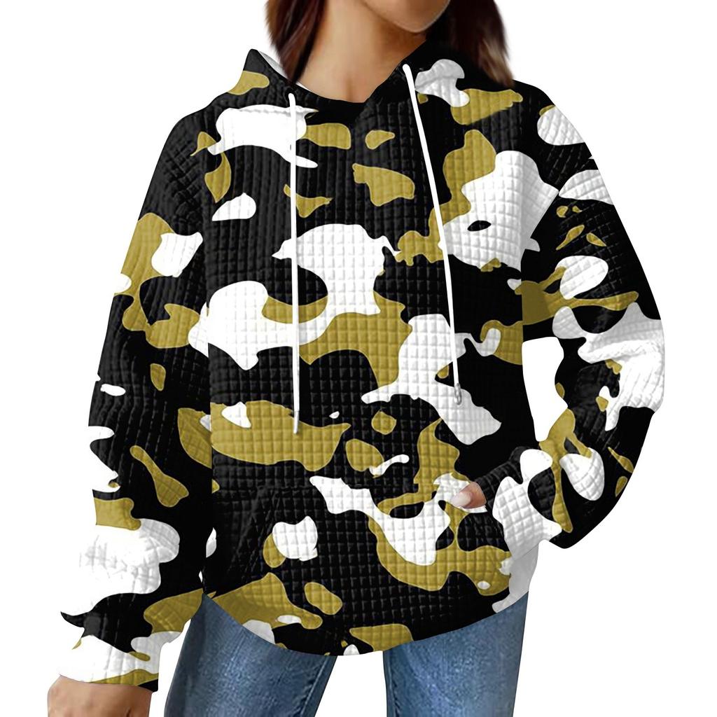 Women's Fashionable Loose Fitting Hooded Pullover, Long Sleeved Sportswear, Camouflage Printed Top, Daily Hoodie