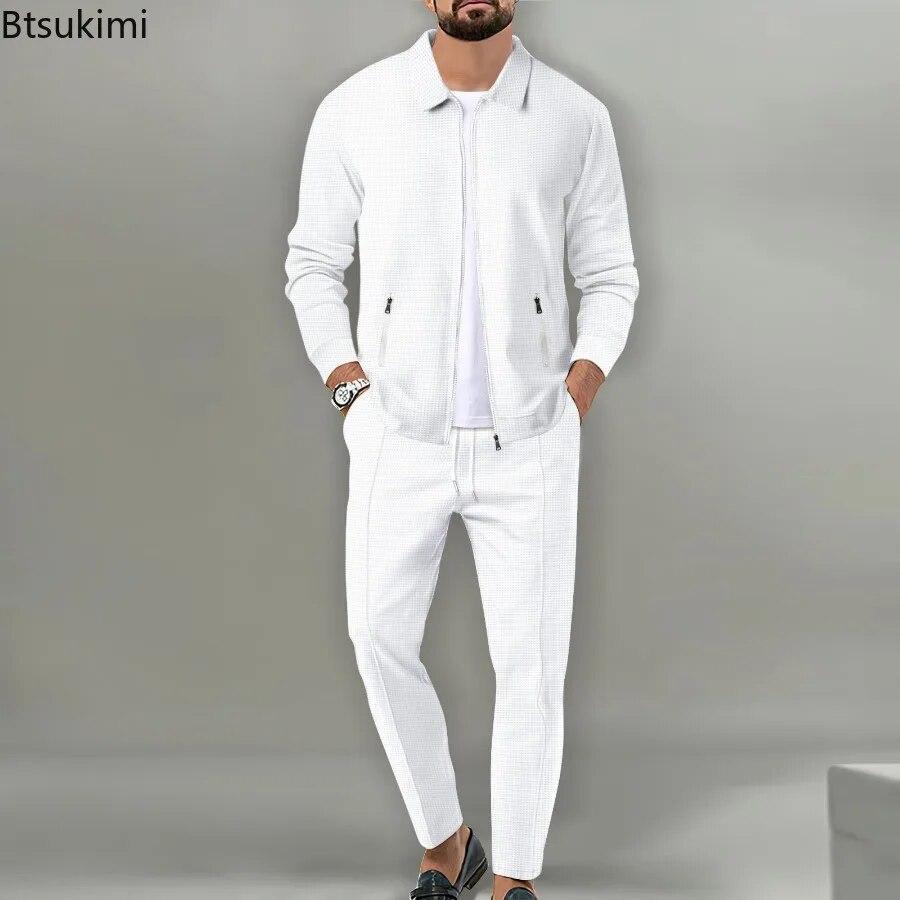 Men's Casual Waffle Two Piece Pants Sets Loose Lapel Zip-up Coats and Pants Sets for Mens Clothing Autumn Fashion Sets Male