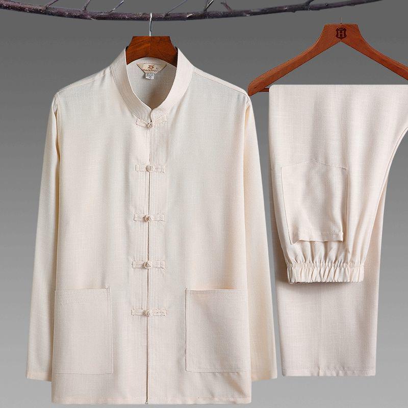 Костюм Тан для мужчин среднего и пожилого возраста — рубашка и брюки в китайском стиле ханьфу с длинными рукавами (Весна/Лето, Тайцзи)