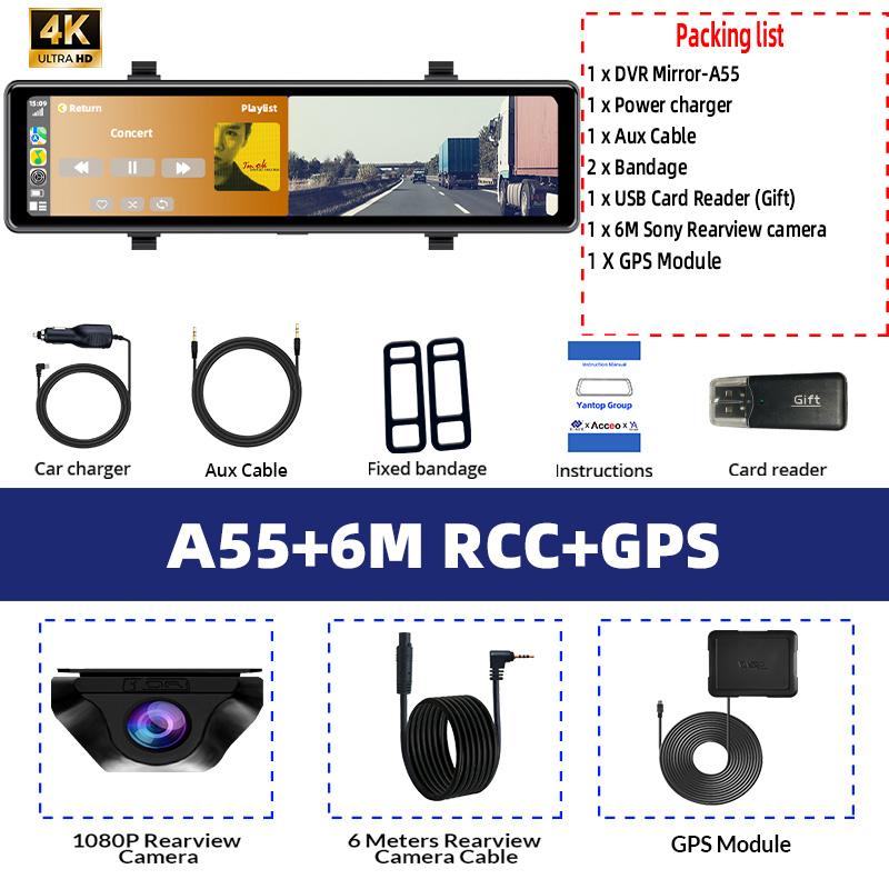 E-ACE 12-дюймовый 4K Carplay&Android Auto Car DVR Dash Cam Stream Mirror Video Recorder 1080P Зеркало заднего вида 5G Wifi/GPS/BT/FM AUX