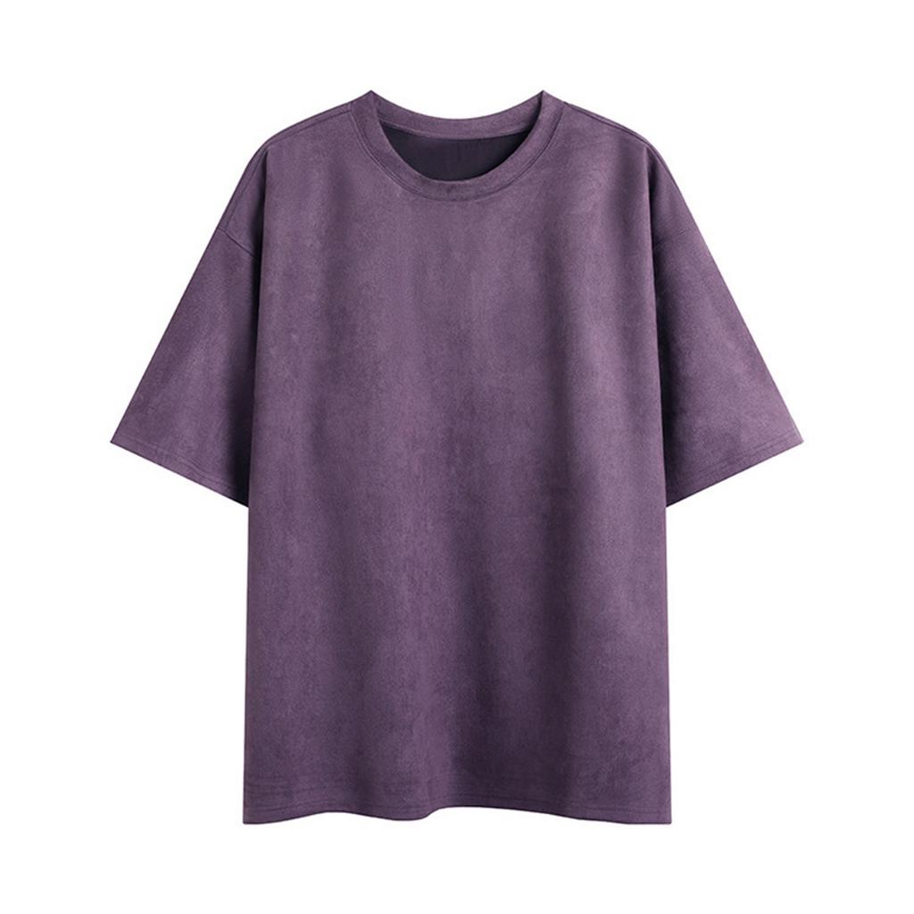 Men's Summer Trend Solid Color Suede Loose Round Neck Pullover Short-sleeved T-shirt