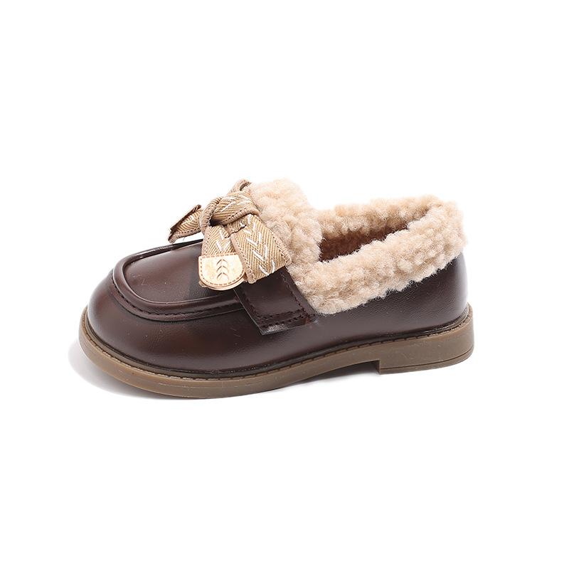 Зимняя детская обувь в корейском стиле, кожаные туфли для девочек с бантом, универсальные детские повседневные модные хлопковые туфли, мокасины на плоской подошве, нескользящие