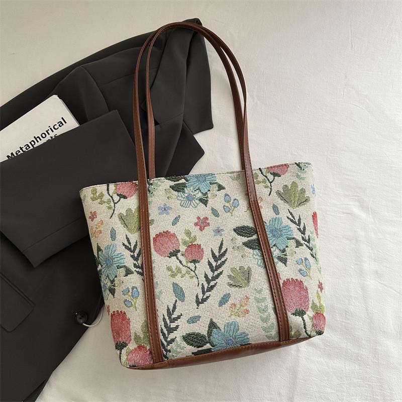 Leaves Flower Print Vintage Large Bag With Zipper Closure For Daily Use Women Fashion