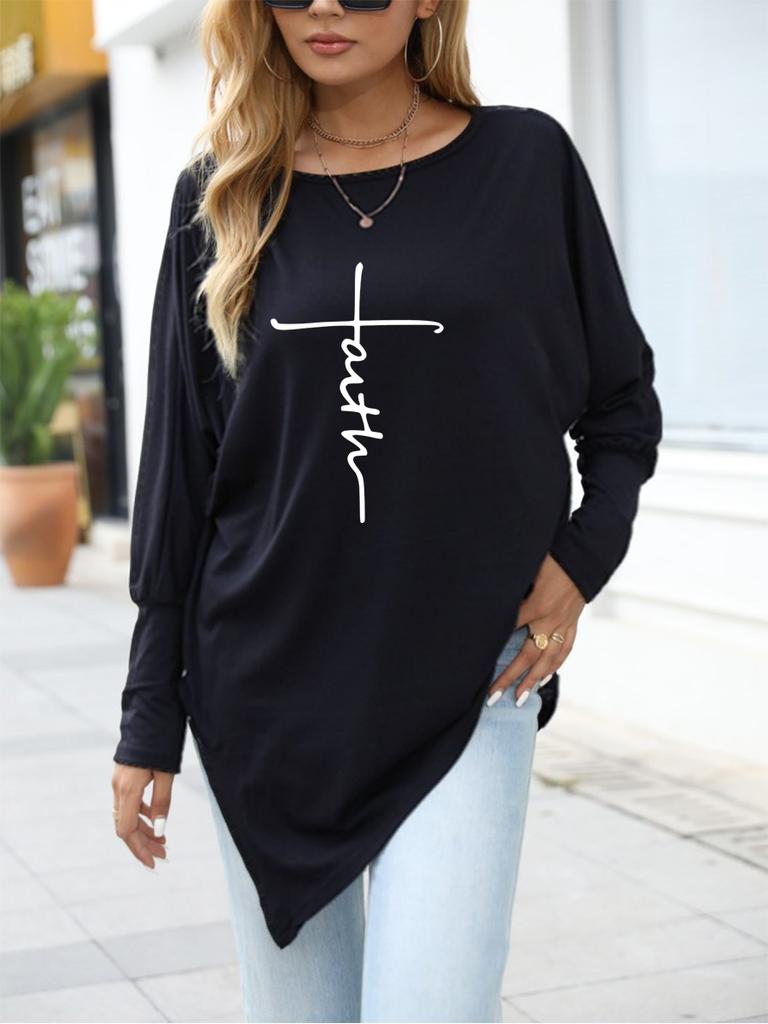 Women's Oversize Long-Sleeve Spring/Fall Asymmetrical Hem T-Shirt