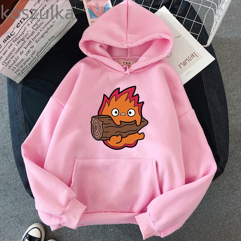 Толстовки с кальцифером «Ходячий замок Хаула», свободная флисовая толстовка с рисунком Кальцифера, винтажные пуловеры, толстовки, зимняя женская уличная одежда