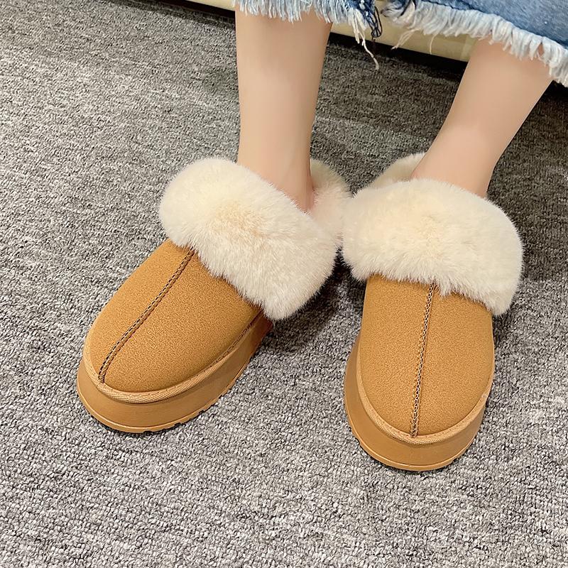 Зимние брендовые плюшевые хлопковые тапочки, женская обувь на плоской подошве, новые модные повседневные домашние замшевые шлепанцы на платформе на меху, теплые шлепанцы с открытой пяткой
