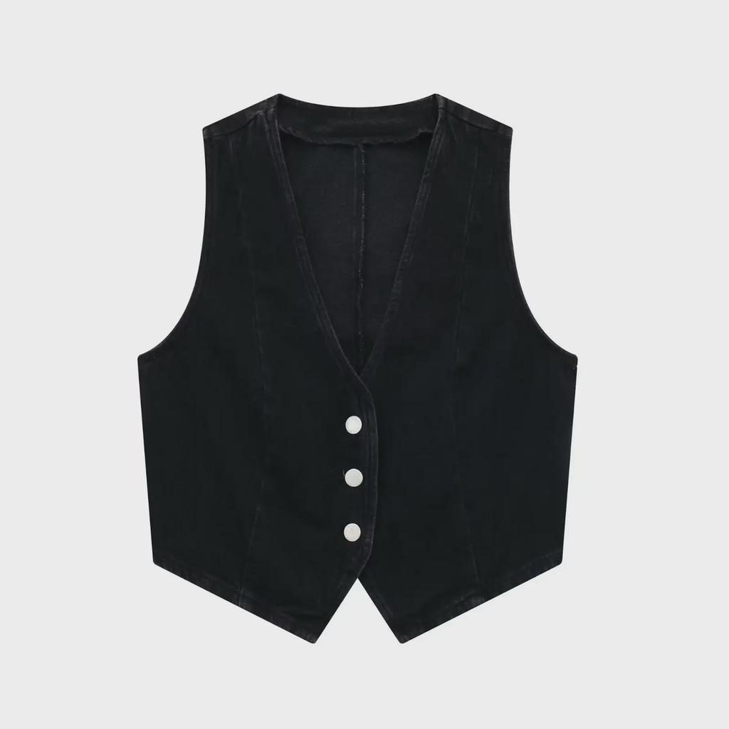 European & American Style Women's Slim Denim Vest and Wide-Leg Pants Set