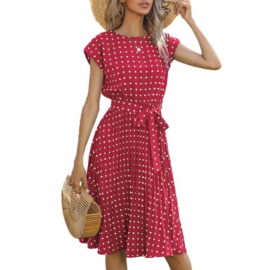 Women Polka Dot Print Midi Dress Crewneck Short Sleeve A-line Dress with Belt Summer Beach Swing Sundress