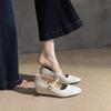 French Wedge Heel Splicing Square Head Mary Jane Shoes 2025 New High Heels Korean Version Commuter Shoes One Word with Single Shoes Women