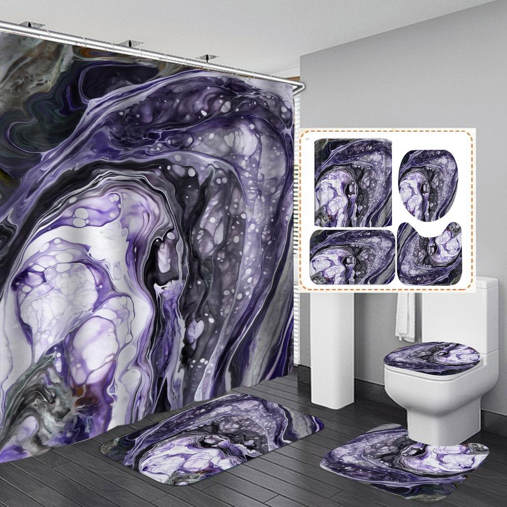 4Pcs Luxury Marble Shower Curtain Sets Bathroom Decor Sets with 12 Hooks Bath Mat Toilet Lid Rug and Non-Slip U Shape Mat