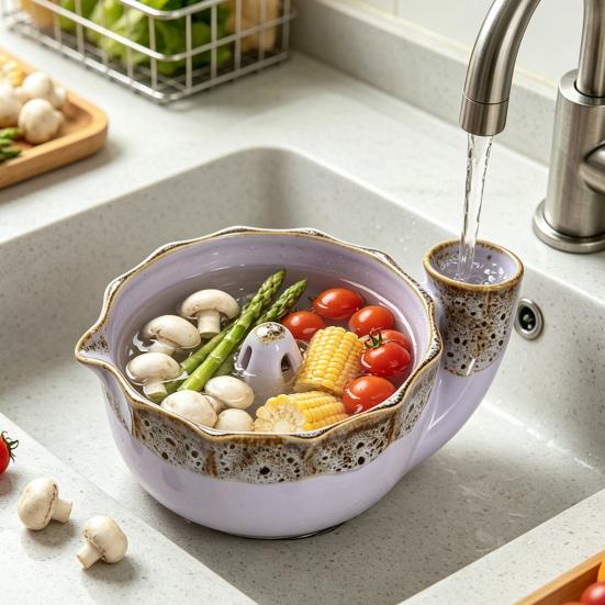 Многофункциональный кухонный таз Керамическая миска для ягод с отверстиями-ситом, Самовращающаяся конструкция-воронка, Для мытья и ополаскивания фруктов, ягод, овощей, Дуршлаг