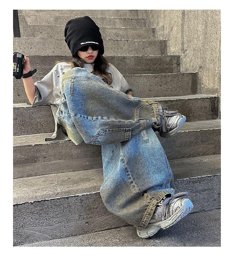 American Tween Girl Distressed Wide Leg Banana Jeans for Child Luxury Denim Pants Kids Dirty Washed Trousers