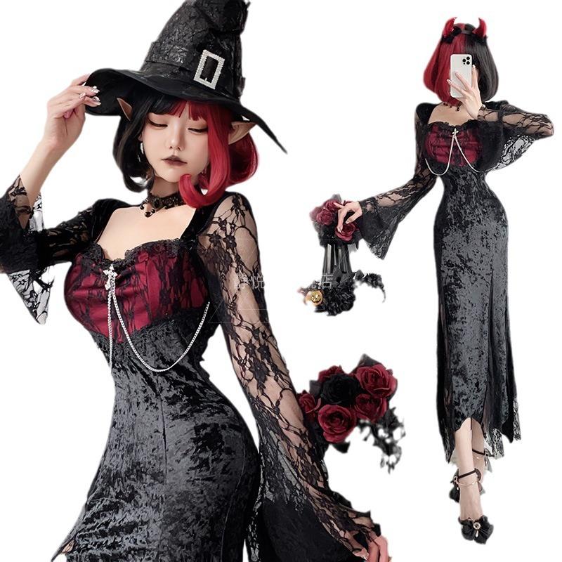 Dark goth halloween costume black dress witch long dress vampire bride outfit style