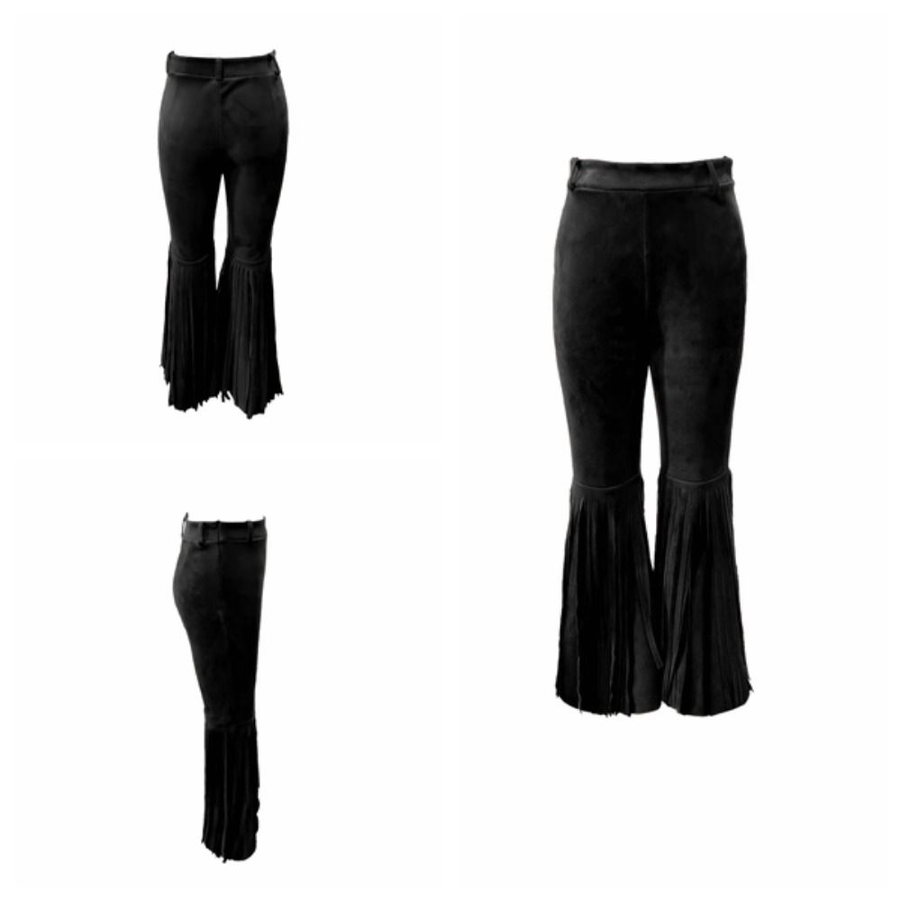 Solid Color Suede Tassel Pants Fringe Hem Slim Fit Flare Pants Retro High Waist Trousers Party
