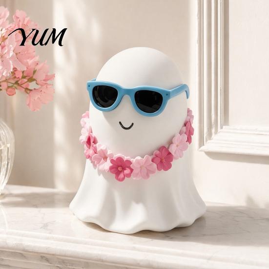 Tiered Tray Decor Summer Halloween Ghost Figurine, Small Resin Cute Tropical Beach Statue with Haunted House Decoration Float Garland Sunglasses