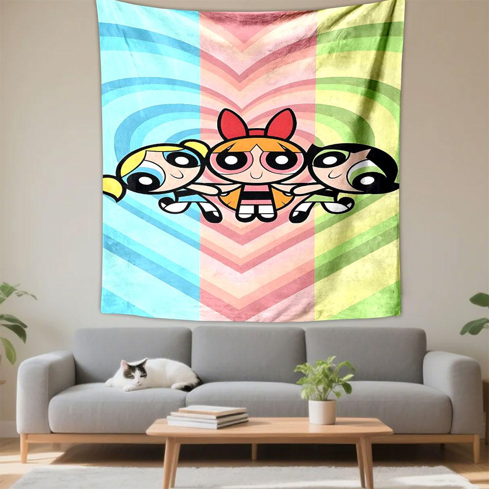 Powerpuff Girls Blossom Bubbles Buttercup Pastel Rainbow Hearts Cartoon Wall Tapestry Cute Decor for Kids Room