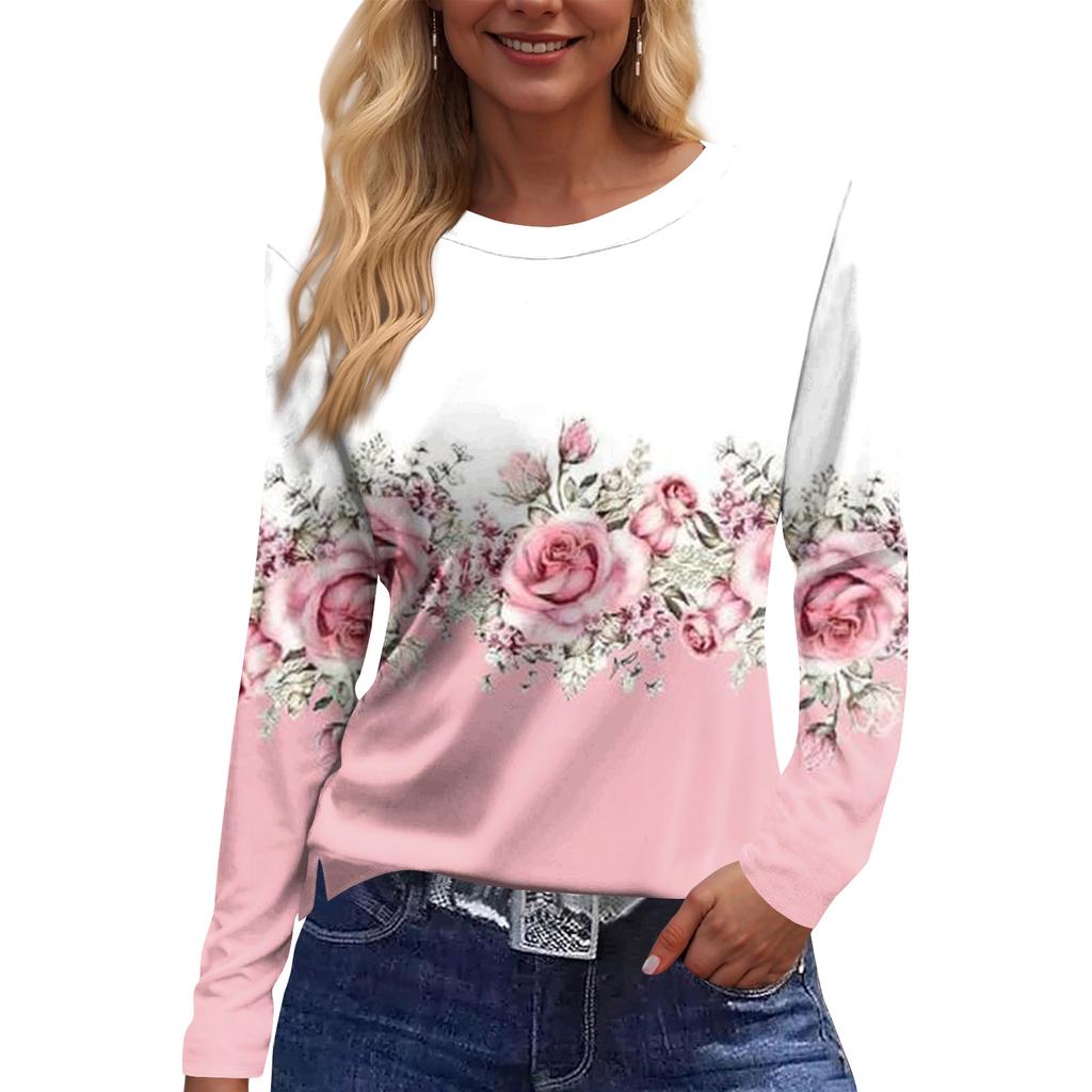 Women's Fashion Casual Slit Hem Round Neck Long Sleeve Loose Printed T-Shirt Ladies Top