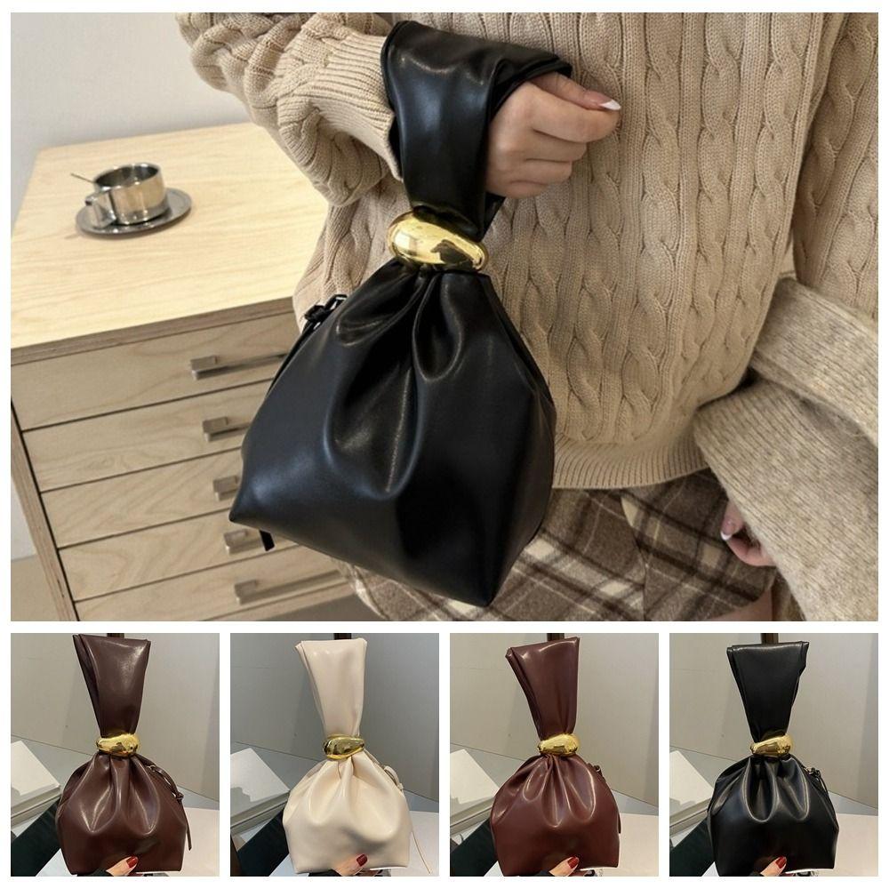 Solid color PU Leather Clutch Bag Side Zipper Pleated Bucket Bag Retro Party Evening Bag Daily