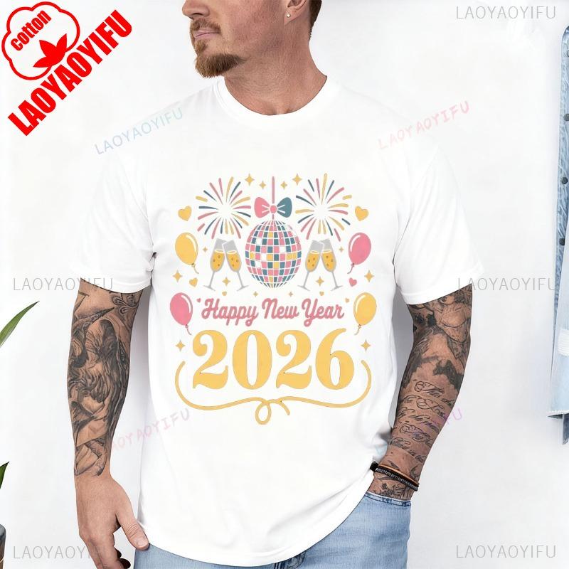 С Новым Годом 2026 Праздничная Вечеринка Любитель Шар Фейерверк Хлопковый Топ с Коротким Рукавом Все Сезоны Повседневная Мода Удобные Футболки