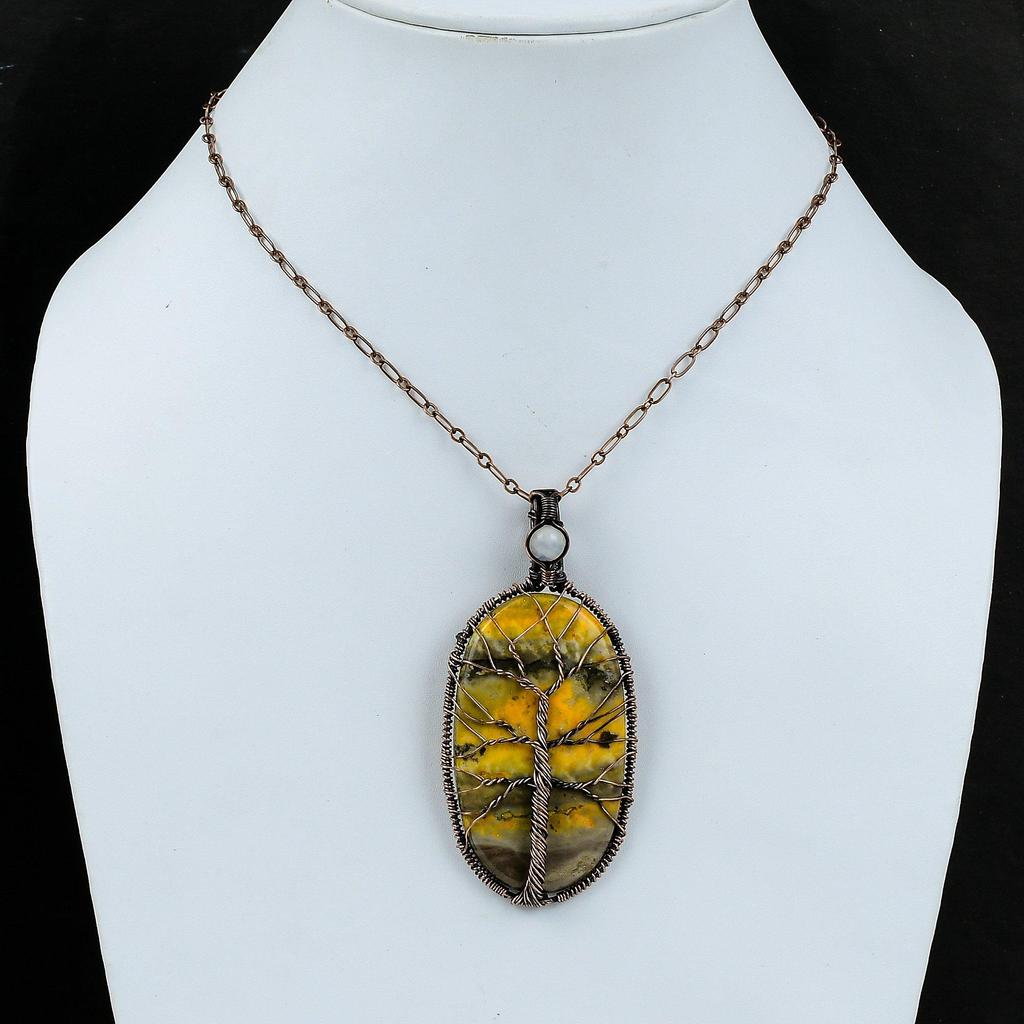 Подвеска «Дерево жизни» из яшмы шмеля, подвеска из лунного камня, подвеска из медной проволоки, подвеска из драгоценного камня ручной работы, медное ювелирное украшение в подарок для женщин