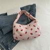 Women Small Corduroy Handbag Cute Strawberry Print Little Tote Underarm Bag Half Moon Design Eco Cloth Purse Mini Shoulder Bags