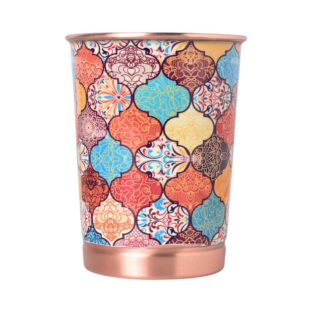 Copper Printed Design 250ML Water Glass with Rust Proof Protection for Home and Office Use Ayurveda and Yoga Health Benefits Glass Set of 6