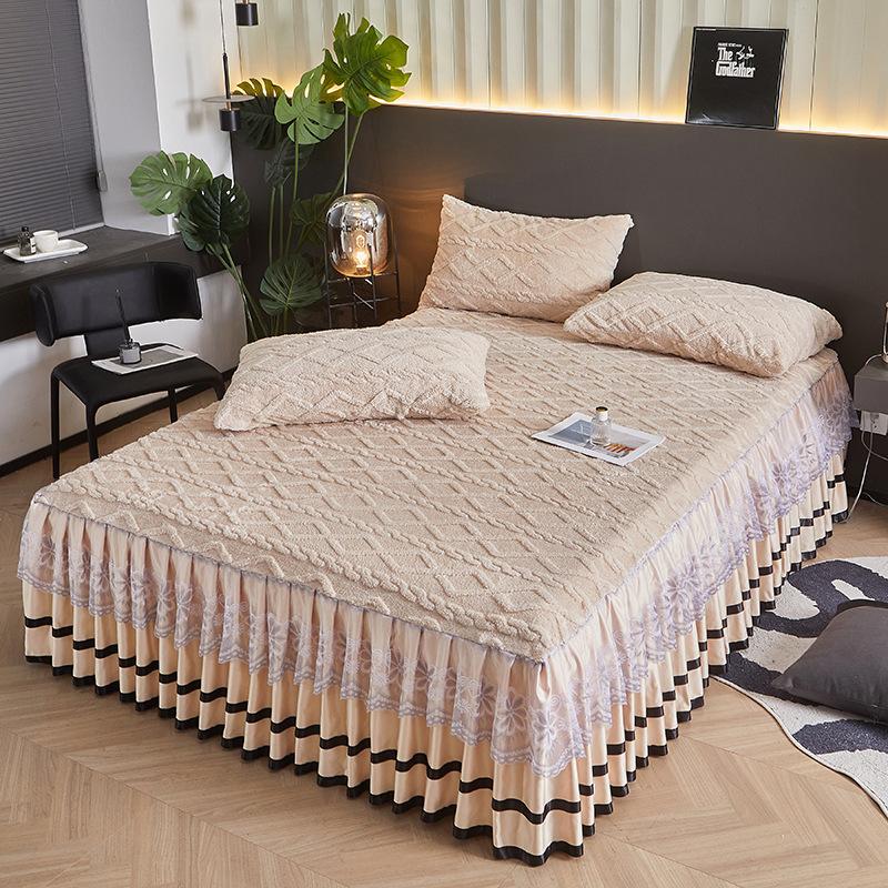 Autumn Winter New Taffeta Single Bed Skirt French Lace Trim Fleece Thickened Coral Fleece Bed Cover