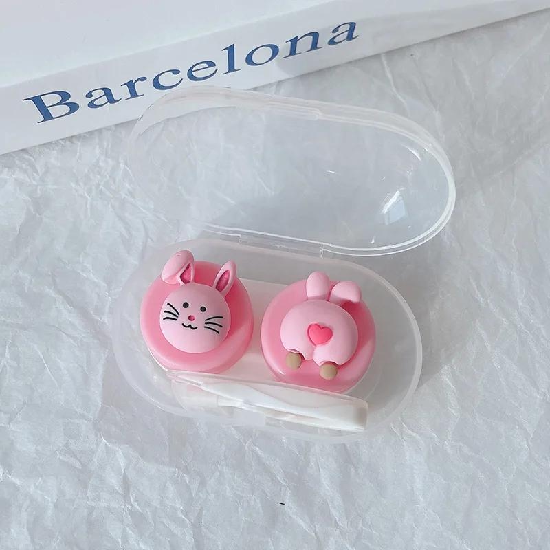 Kawai Pink Rabbit Cow Fox Bear Pattern Contact Lens with Tweezer Suction Stick Girls Portable Contact Lenses Box Container