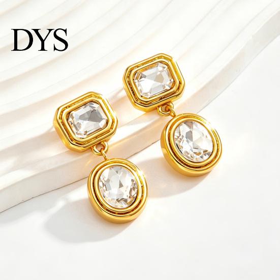 Retro Themed Outfit Accessories 1 Pair Faux Crystal Geometric Dangle Earrings for Women, Vintage Style Gold Plated Jewelry Stainless Steel Drop