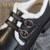 Women's Winter Plus Velvet Loafers Metal Buckle Small Leather Shoes Girls Student Shoes