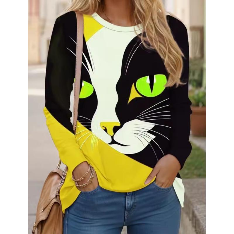 Women's T Shirts 3D Print Art Design Cat Pattern Long Sleeve Daily Weekend Fashion Funny Round Neck Regular Fit Spring & Fall