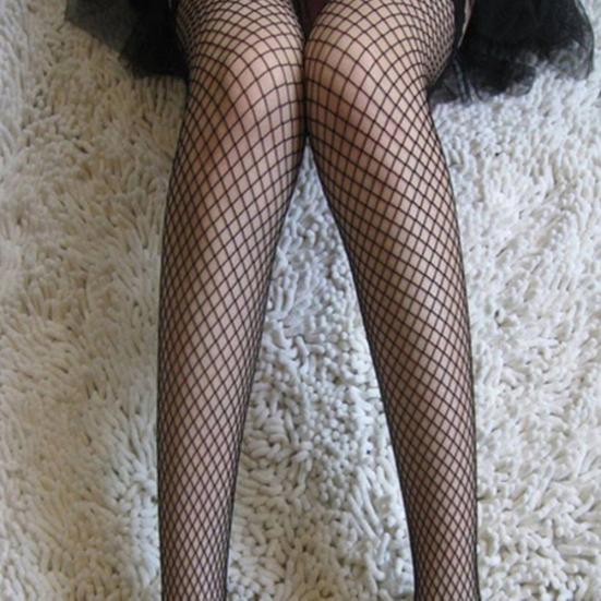 Sexy Women Long Socks Fishnet Mesh Solid Color Lace Top Thigh High Stockings