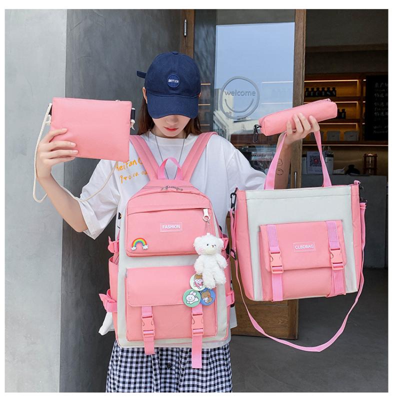 Корейская версия, женский холщовый рюкзак большой емкости, комплект из 4 предметов, рюкзак для средней школы, простые износостойкие школьные сумки с сумкой для ручек