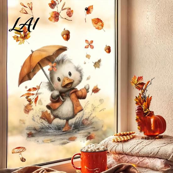 Autumn Pastoral Theme Window Art Static Sticker with Cute Animals & Maple Leaves Removable Harvest Durable Clings for Store Fronts Festival